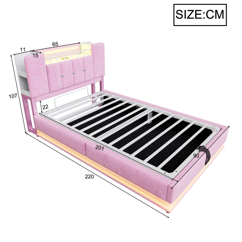 Letto imbottito per bambini con LED, USB e contenitore salvaspazio