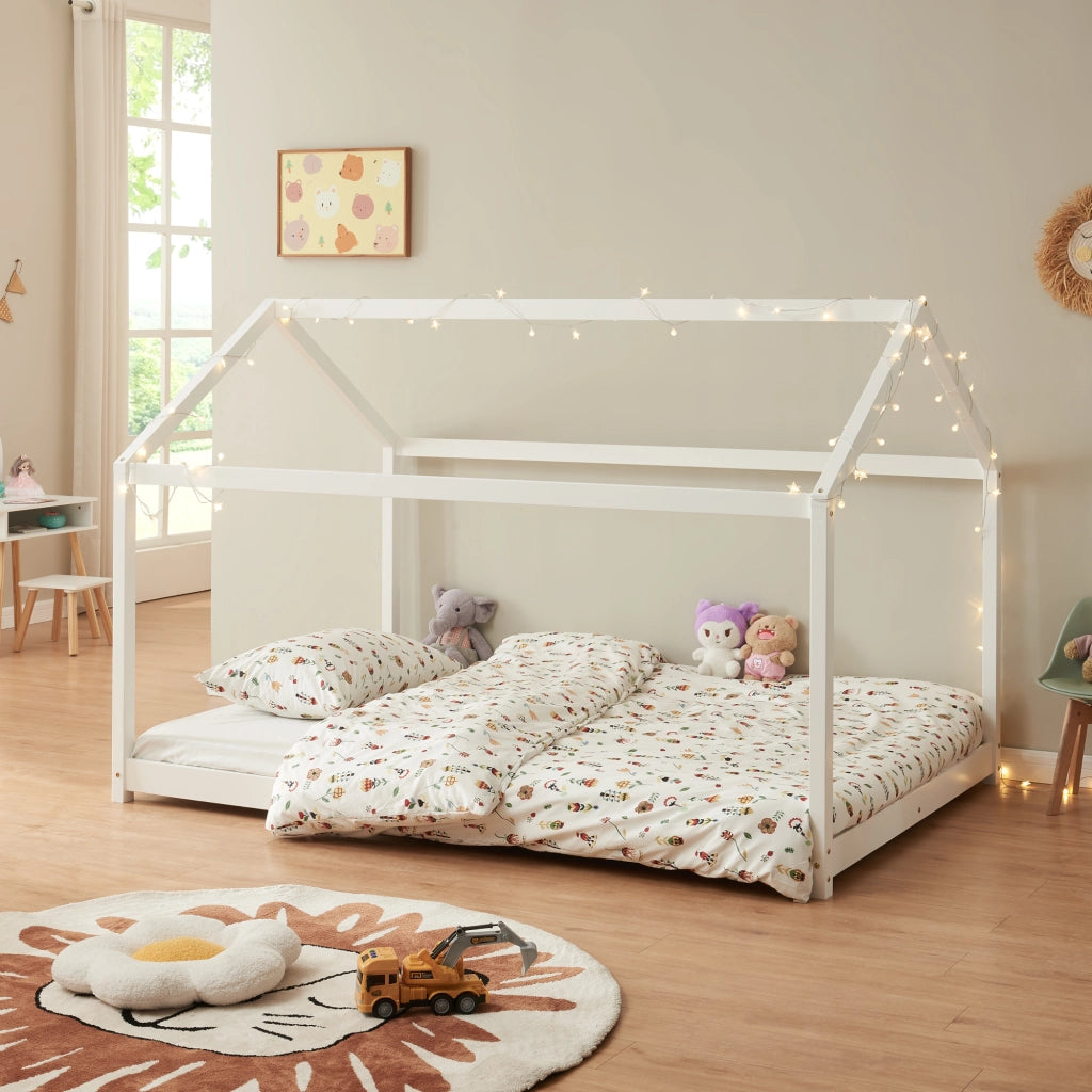 Letto per Cameretta 'Cerro' a Forma di Casetta 120 x 200 cm Legno di Pino Bianco [en.casa]