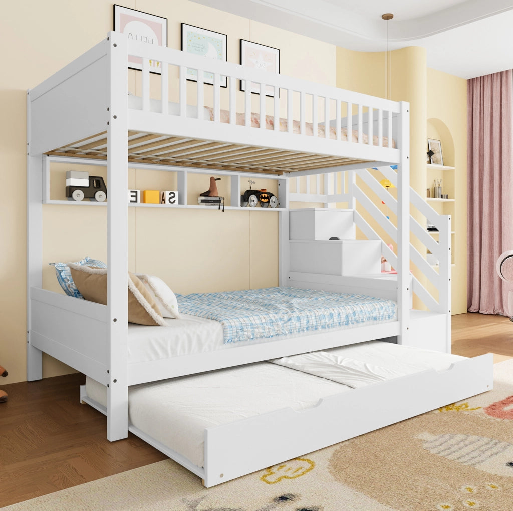 Letto a castello per bambini con letto estraibile, armadio, ripiani e scaletta contenitore, 90x200 cm, bianco