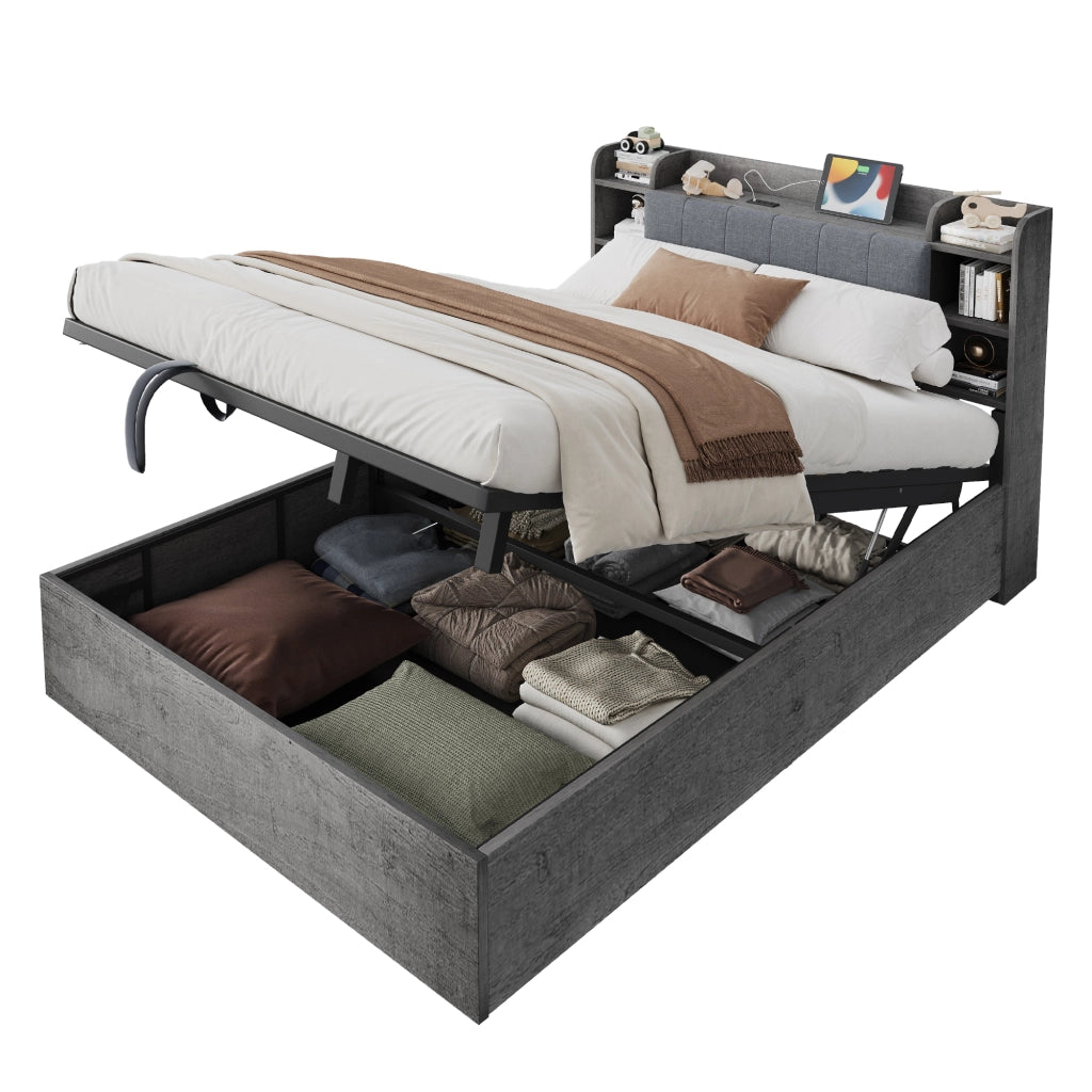 Letto contenitore 180x200 cm grigio con testiera a vani e porte USB e USB-C