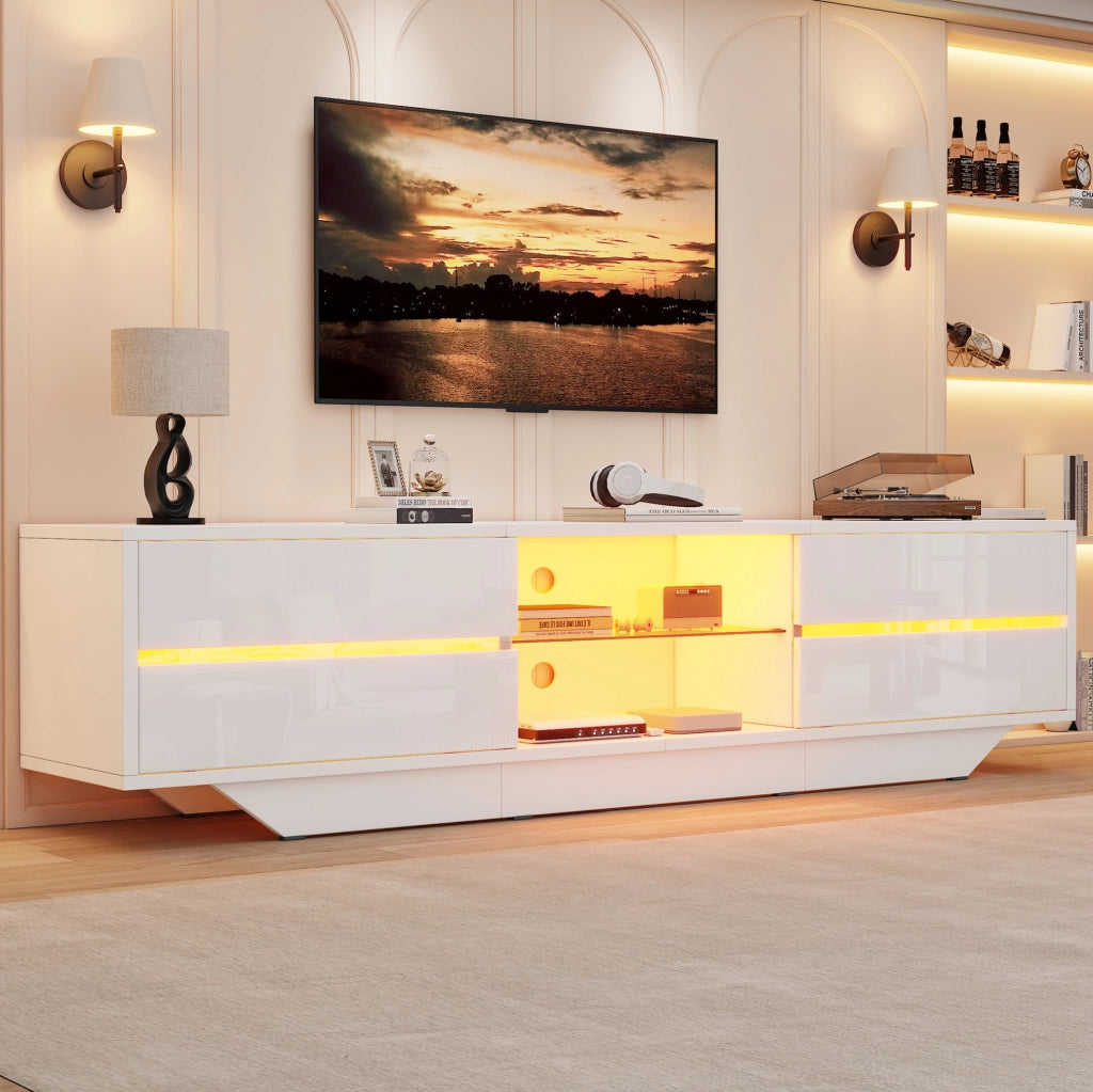 Mobile TV sospeso 160 cm in finitura lucida bianca con LED RGB e ampio spazio contenitivo