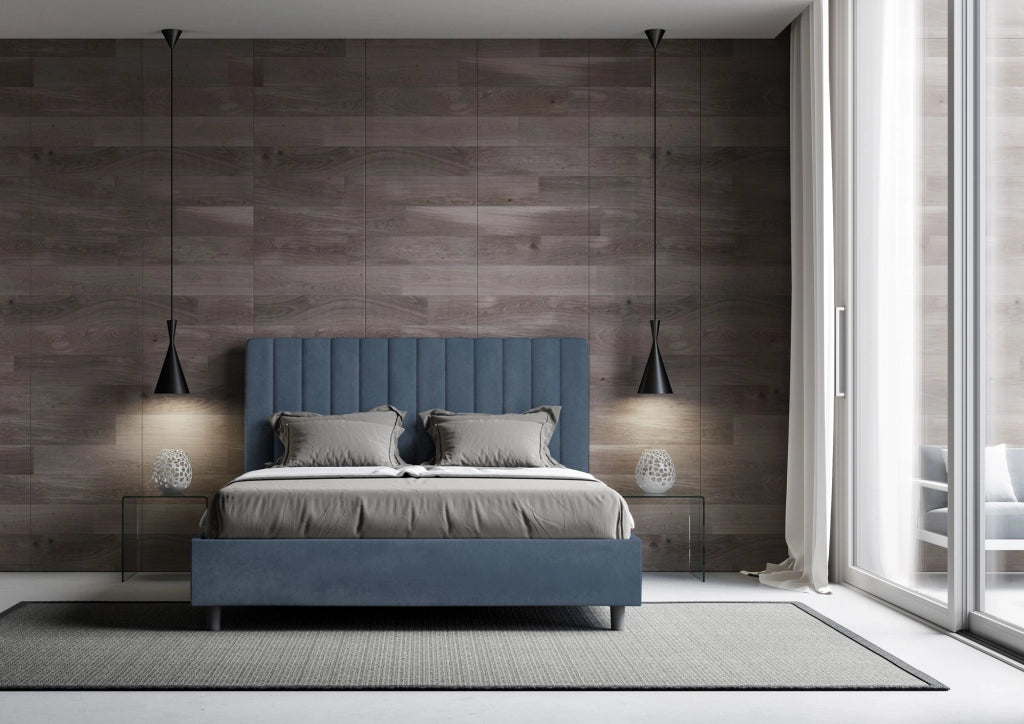 Letto 1 Piazza E Mezzo 130x190 cm con Rete e Contenitore Imbottito in Microfibra Agueda Blu