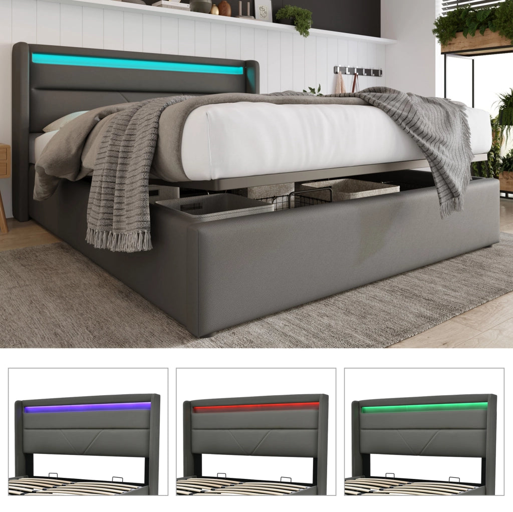 LETTO Contenitore 140x200 cm in PU Grigio con LED e telecomando