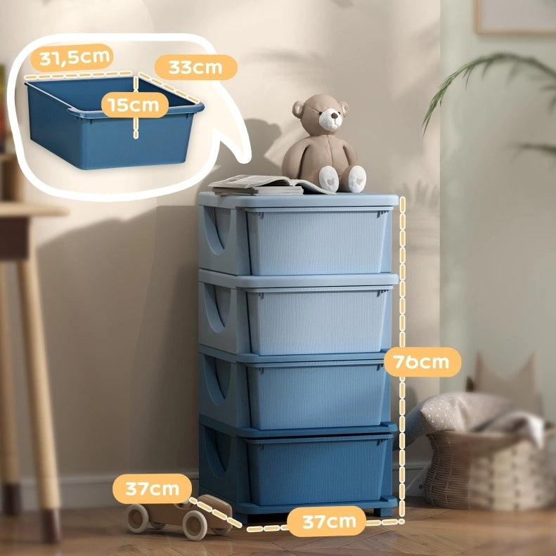 Cassettiera portaoggetti per bambini con 4 cassetti, plastica blu