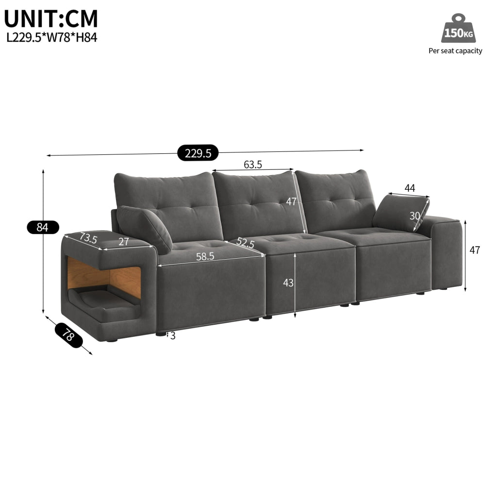 SOFÀ 3 POSTI 229,5x78x84 cm Velluto Grigio con 2 cuscini e vani portaoggetti