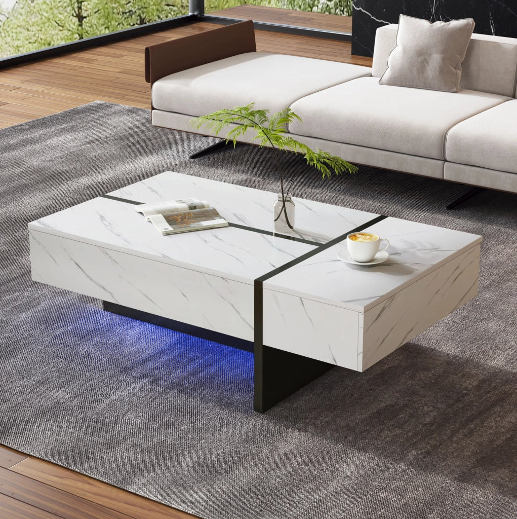 TAVOLO da caffè con LED, 105x60x35 cm, bianco, 3 cassetti