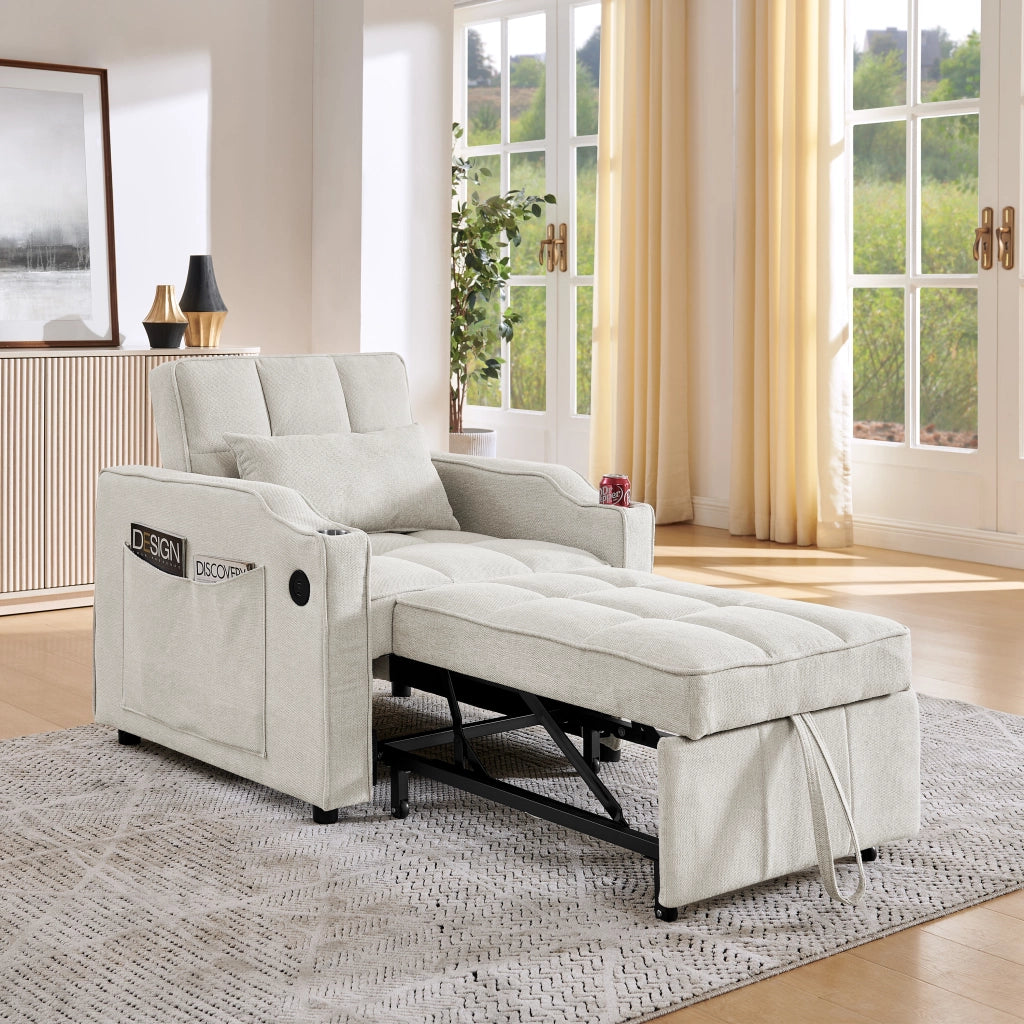 Poltrona Letto 3 in 1 Singola 190 cm con Porta USB e Type-C; Schienale Regolabile; Tessuto Beige