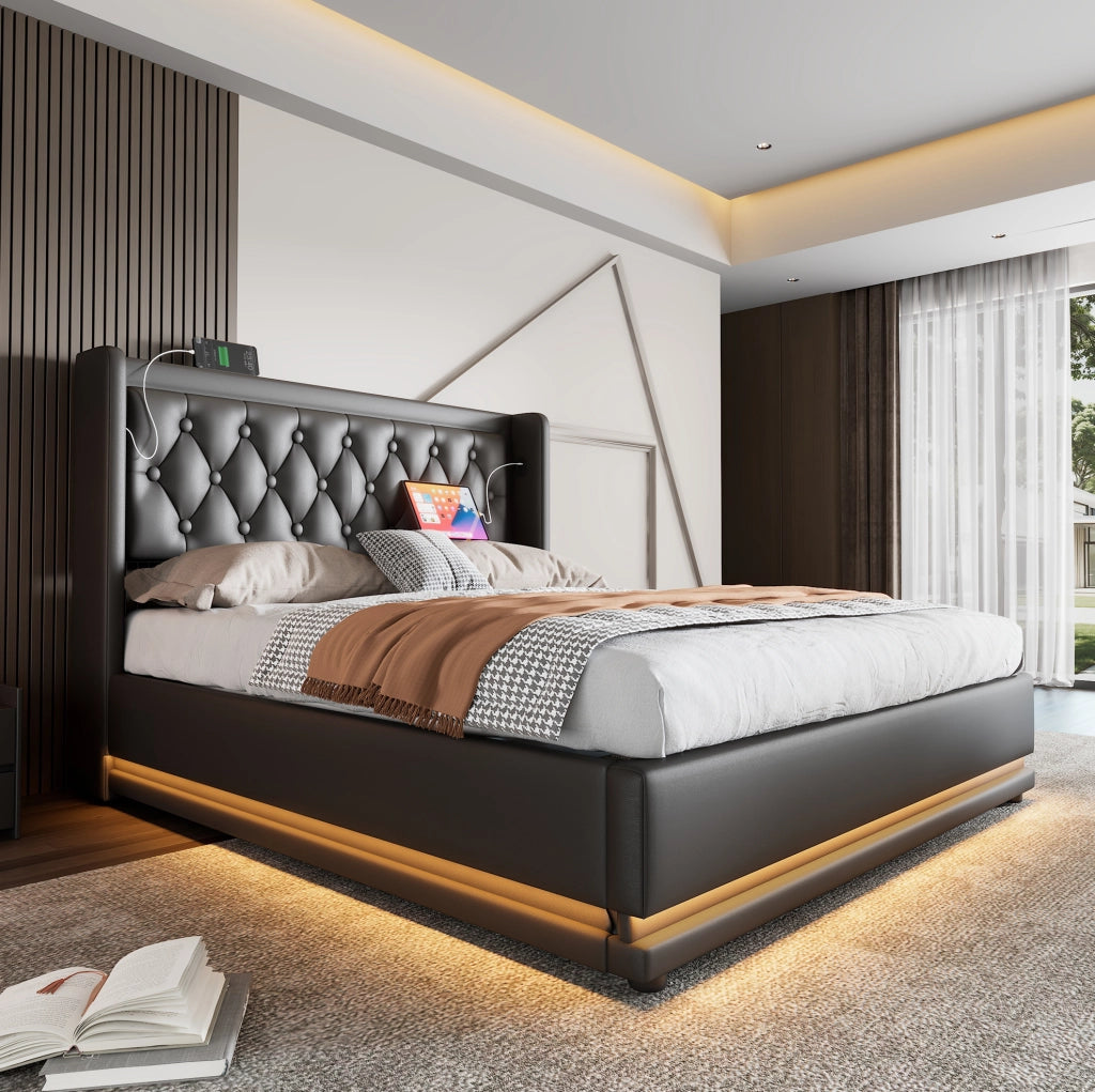 LETTO Contenitore 140x200 cm in PU Nero con USB e LED