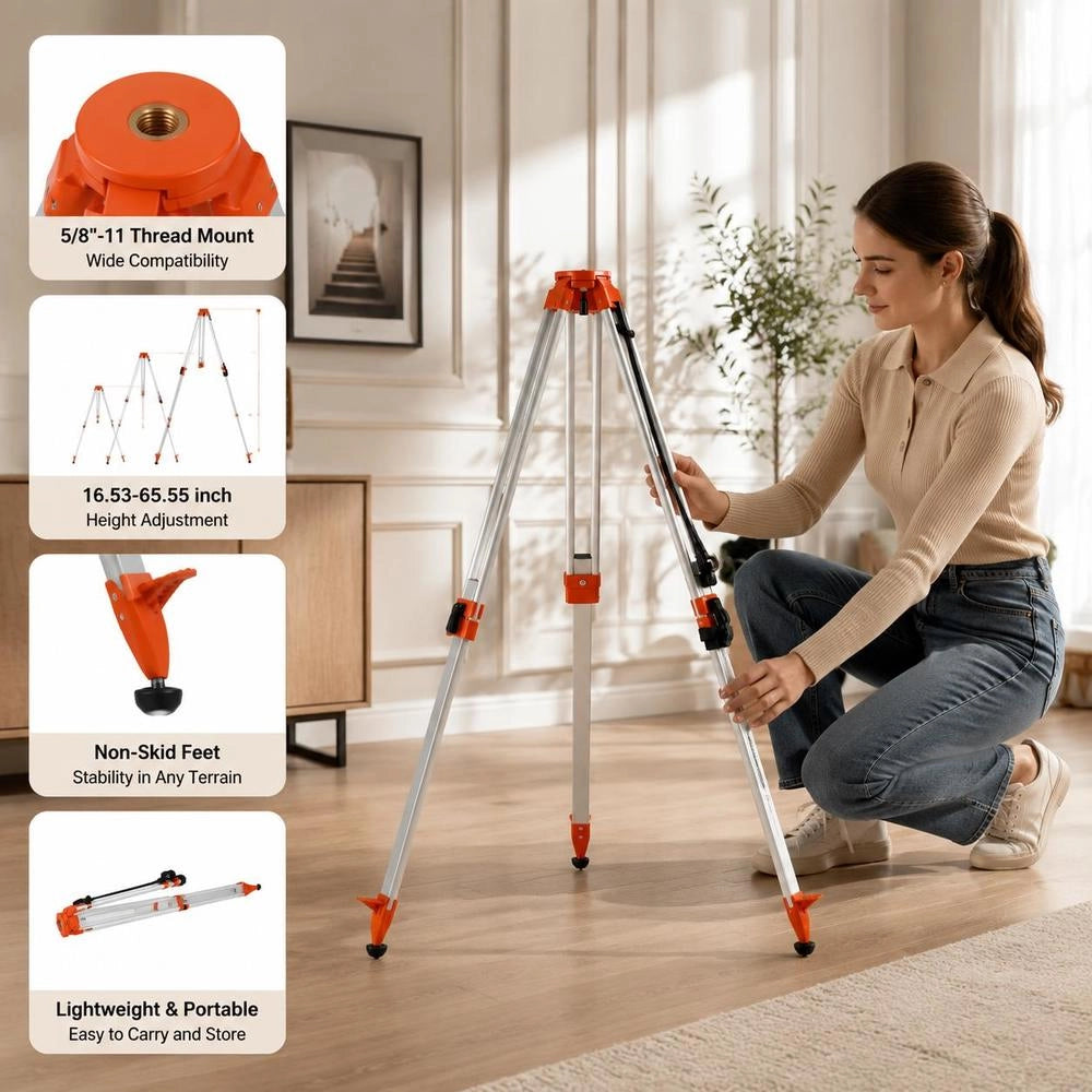 Laser Level Tripod, 5/8"-11 Thread Mount, 16.53-65.55 Inch Height Adjustment, Heavy-duty Surveying Tripod For Construction Laser Level Scanners, Retractable Legs, Non-slip Feet, Professional