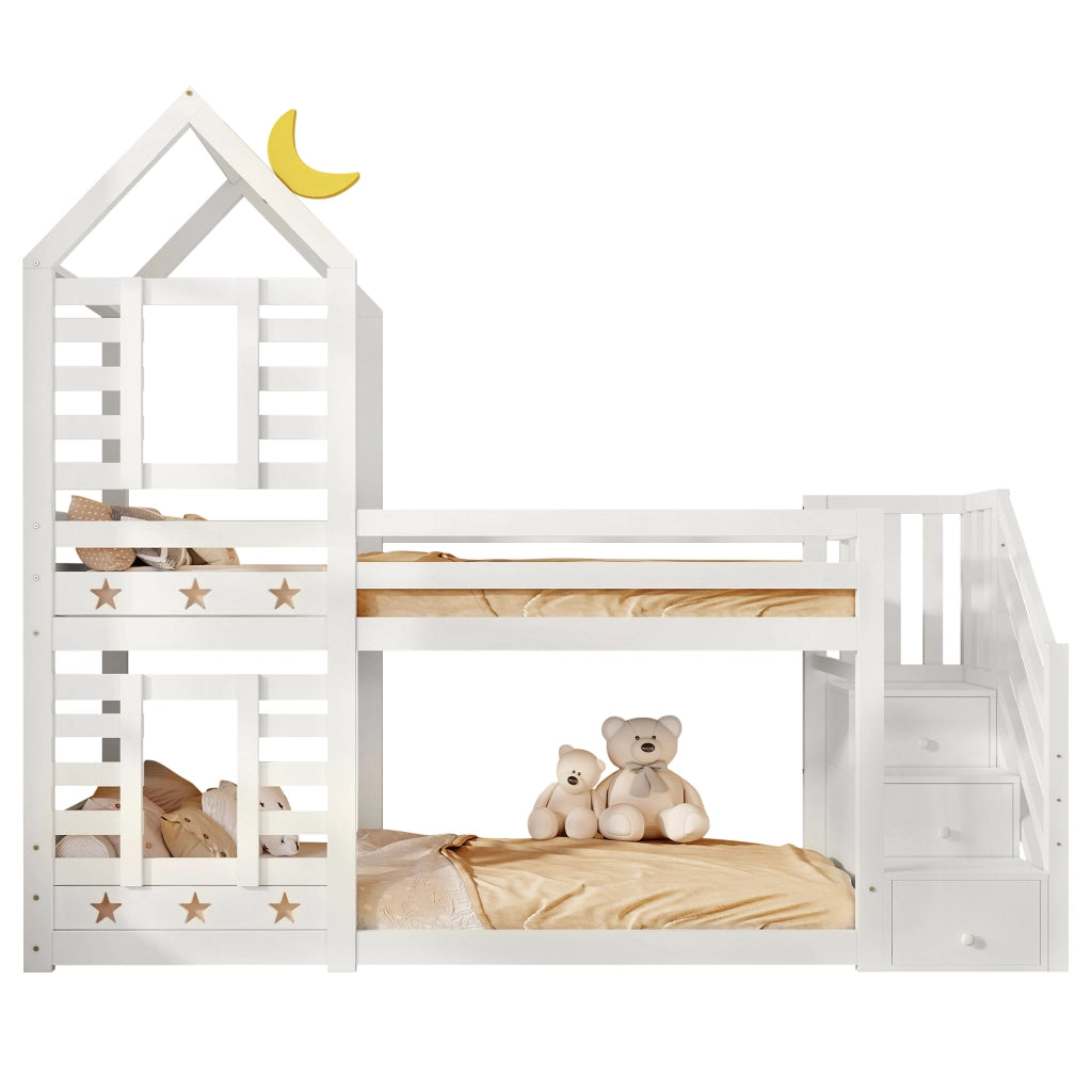 Letto a castello per bambini 90x200 cm a forma di casetta bianco