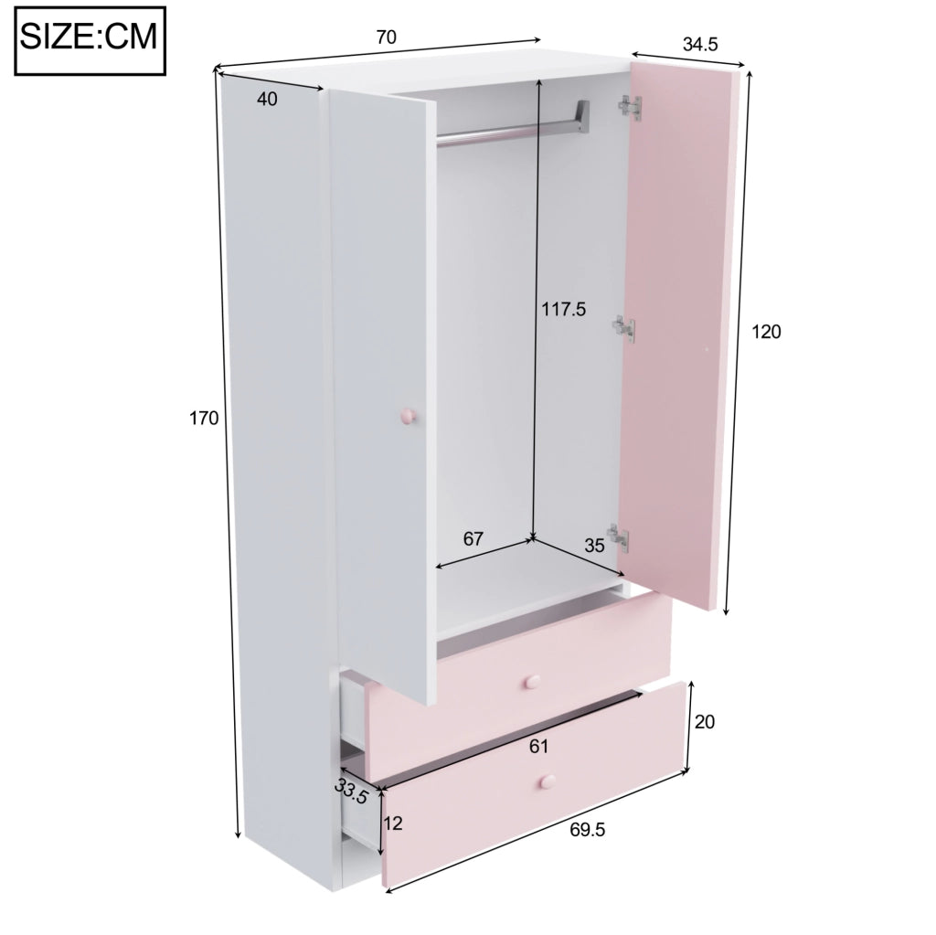 Armadio singolo 70 x 40 x 170 cm con 2 cassetti; rosa