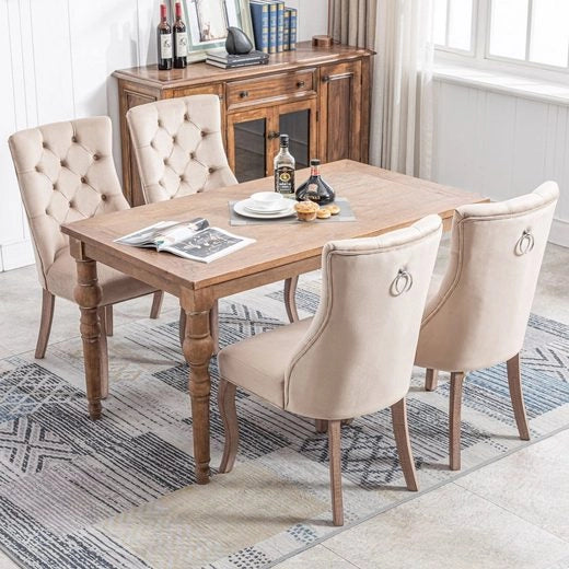 4 Sedie da pranzo - Zephmum- Schienale alto, imbottitura a bottoni, struttura in legno massello, velluto beige