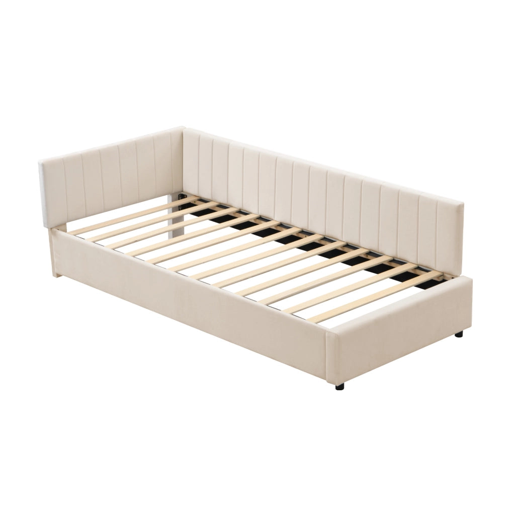 Letto imbottito 90x200 cm con rete a doghe; in velluto beige