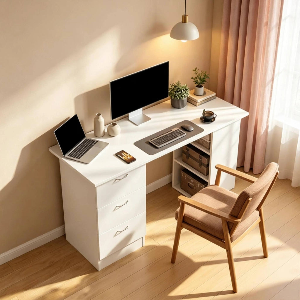 Scrivania da Ufficio in MDF Bianca con 3 Cassetti e 3 Ripiani, 120x49x72 cm