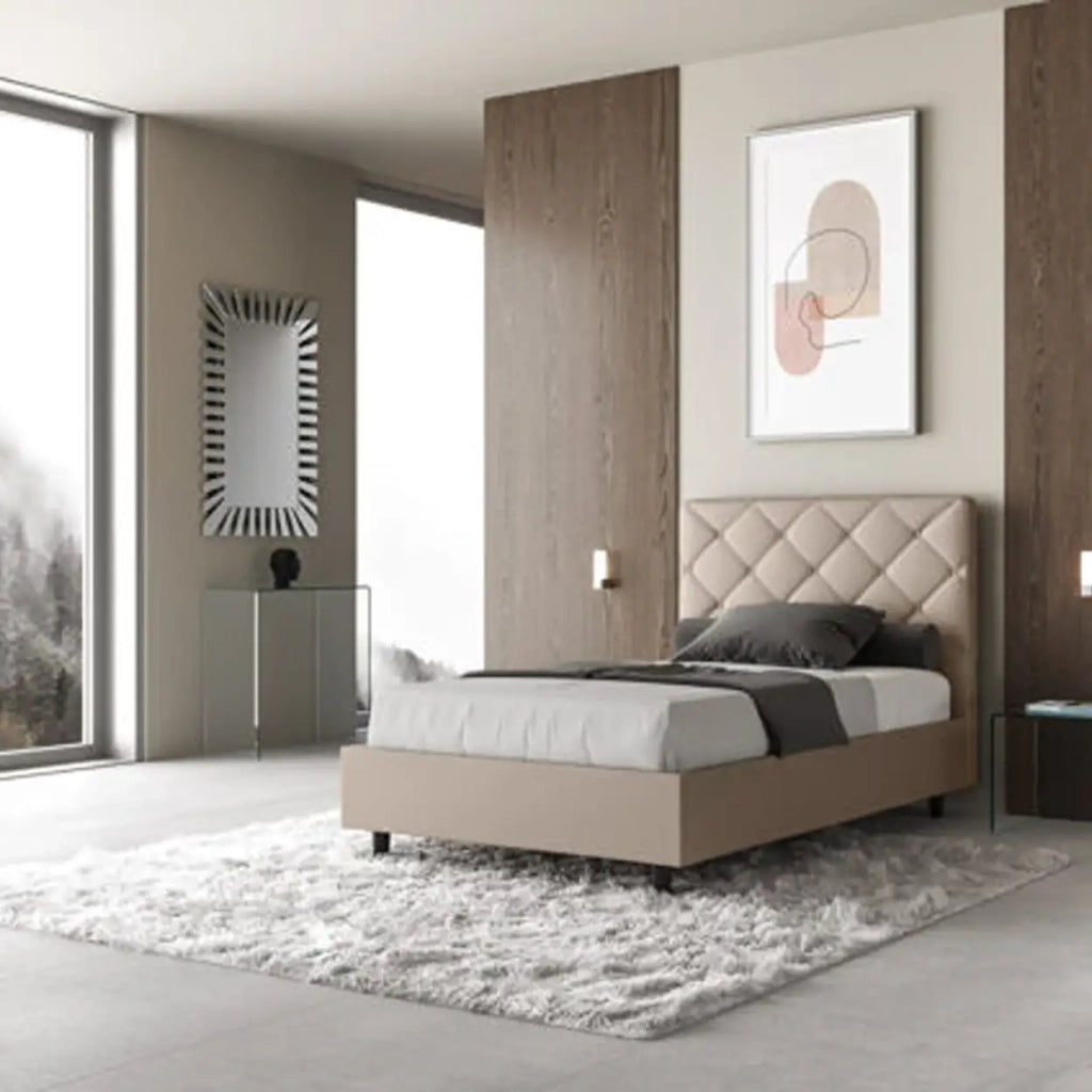 Letto una piazza e mezza con rete imbottito 120x190 similpelle tortora Priya