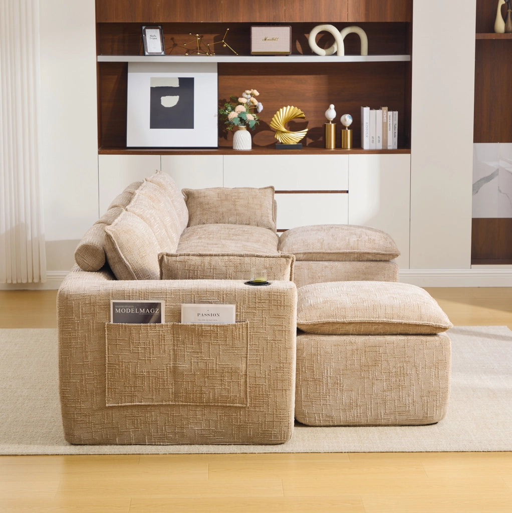 Divano modulare 4 posti in tessuto chenille kaki con 2 pouf, cuscini, portabicchieri e tasche laterali