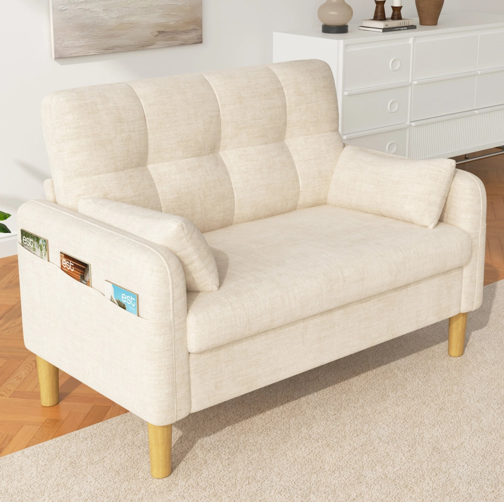 Divano a 2 posti in chenille beige con cuscini e tasca laterale, 119 x 78 x 85 cm