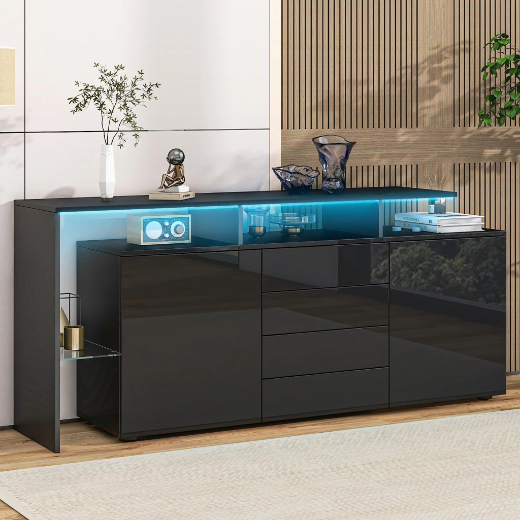 Sideboard con LED e USB 160 cm; 4 cassetti; 2 ante; in truciolare nero