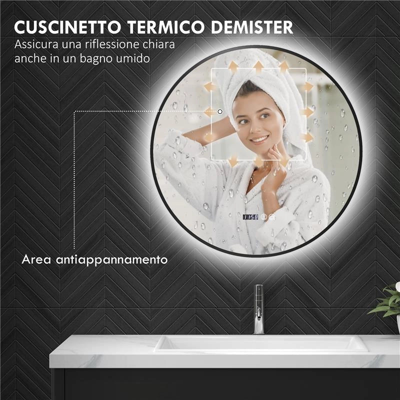 SPECCHIO BAGNO CON LUCE LED REGOLABILE ANTIAPPANNAMENTO E DISPLAY TEMPO E TEMPERATURA Ø 70 CM NERO