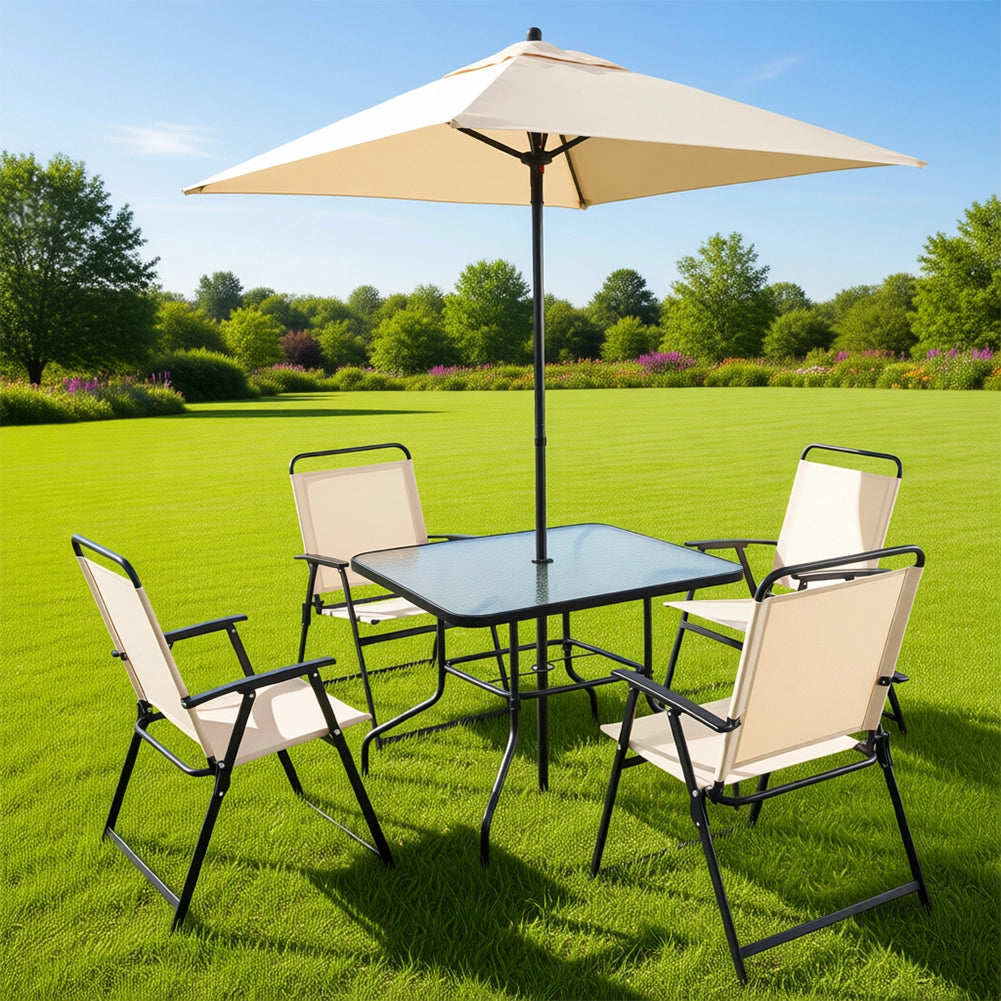 Set da Pranzo 6 Pezzi per Giardino Patio con Ombrellone 4 Sedie Pieghevoli Beige