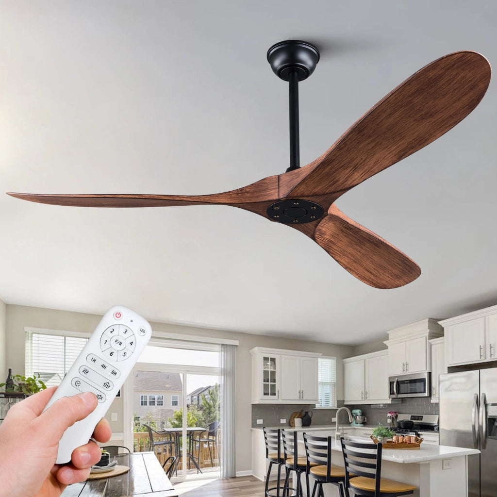 Ventilatore da soffitto moderno senza luce a 3 pale in ABS noce con motore dc reversibile e telecomando nero
