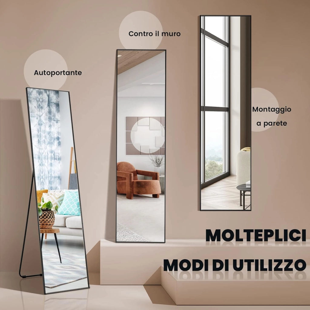 Specchio da Parete Lungo, Specchio da Terra Appendere con Cornice in Lega di Alluminio e Ganci, Per Camera da Letto e Soggiorno, 160 x 40 cm (Nero)