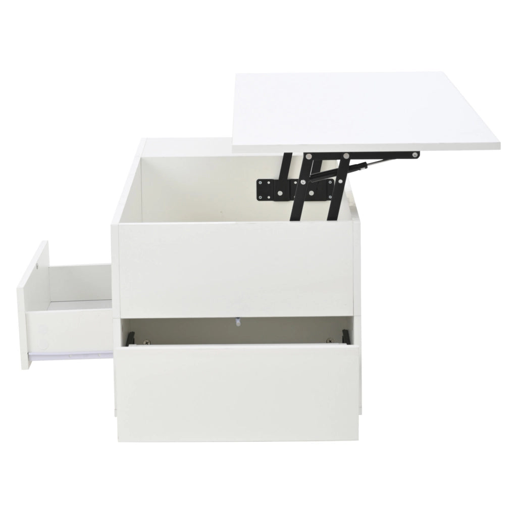 Tavolino da caff¨¨ elevabile 100x50 cm con LED, 2 cassetti e 2 sgabelli bianco