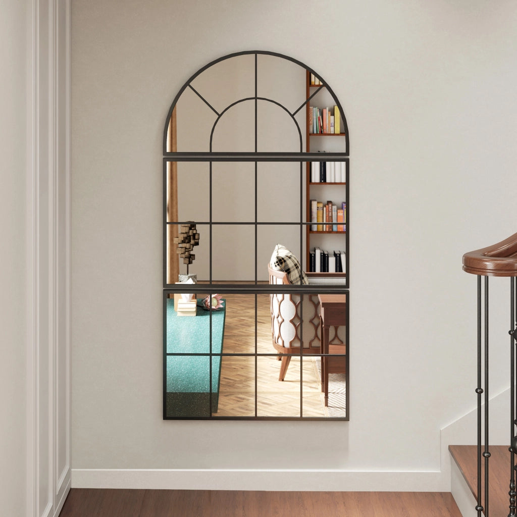 Specchio da parete a 3 pezzi con cornice in metallo nero e vetro da 4 mm; segmenti ad arco e rettangolari