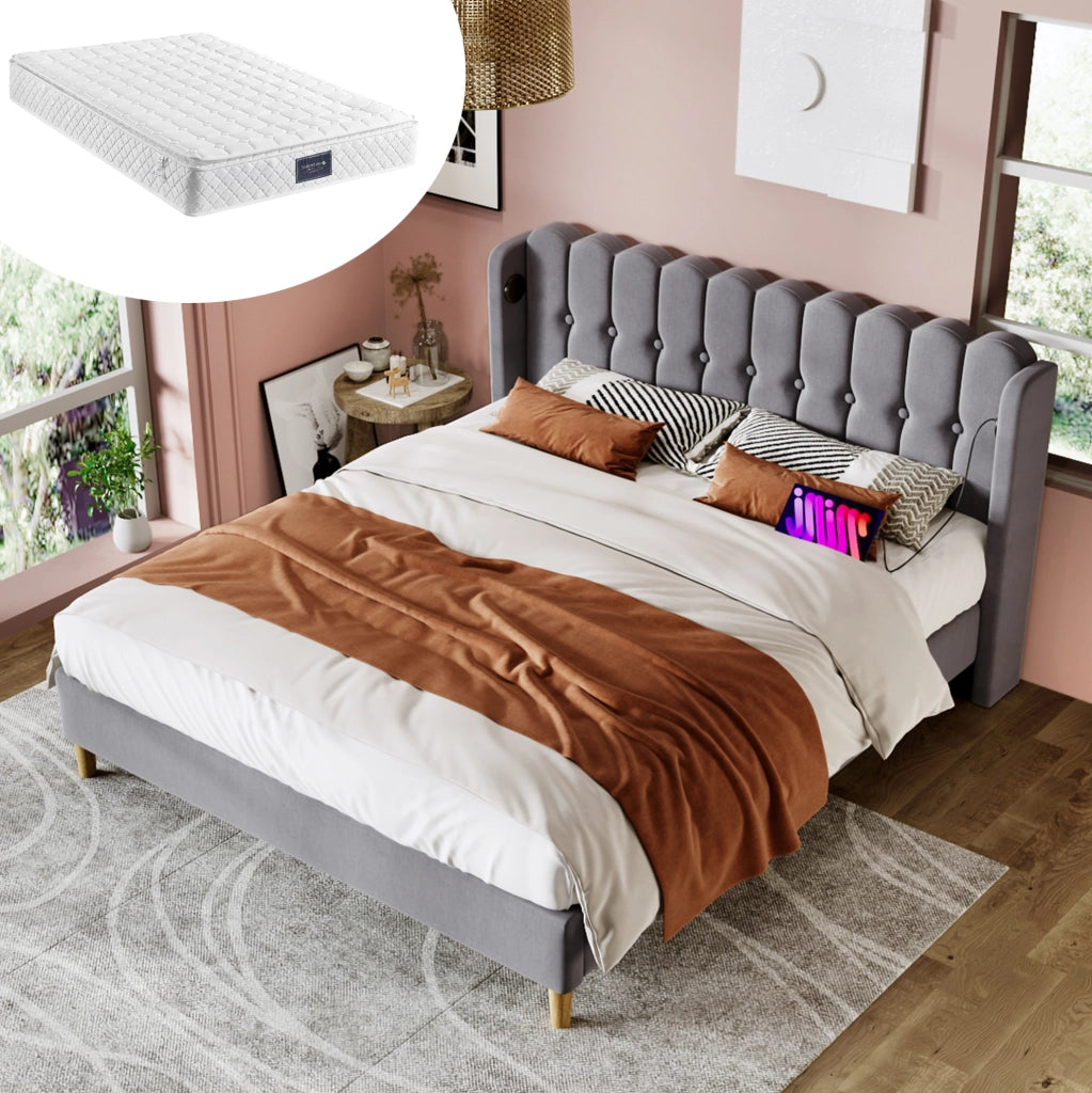 LETTO Matrimoniale 140x200 cm in lino grigio con USB e Type-C