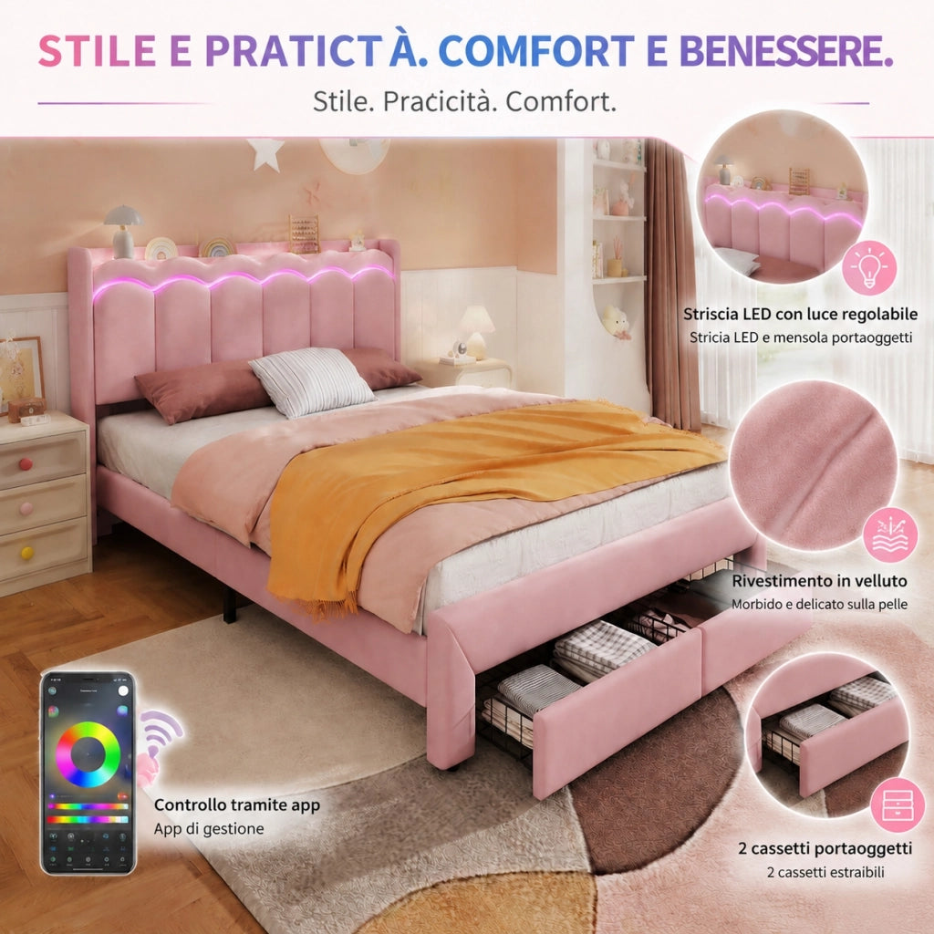 Letto imbottito rosa 140x200 cm con due cassetti e LED; velluto