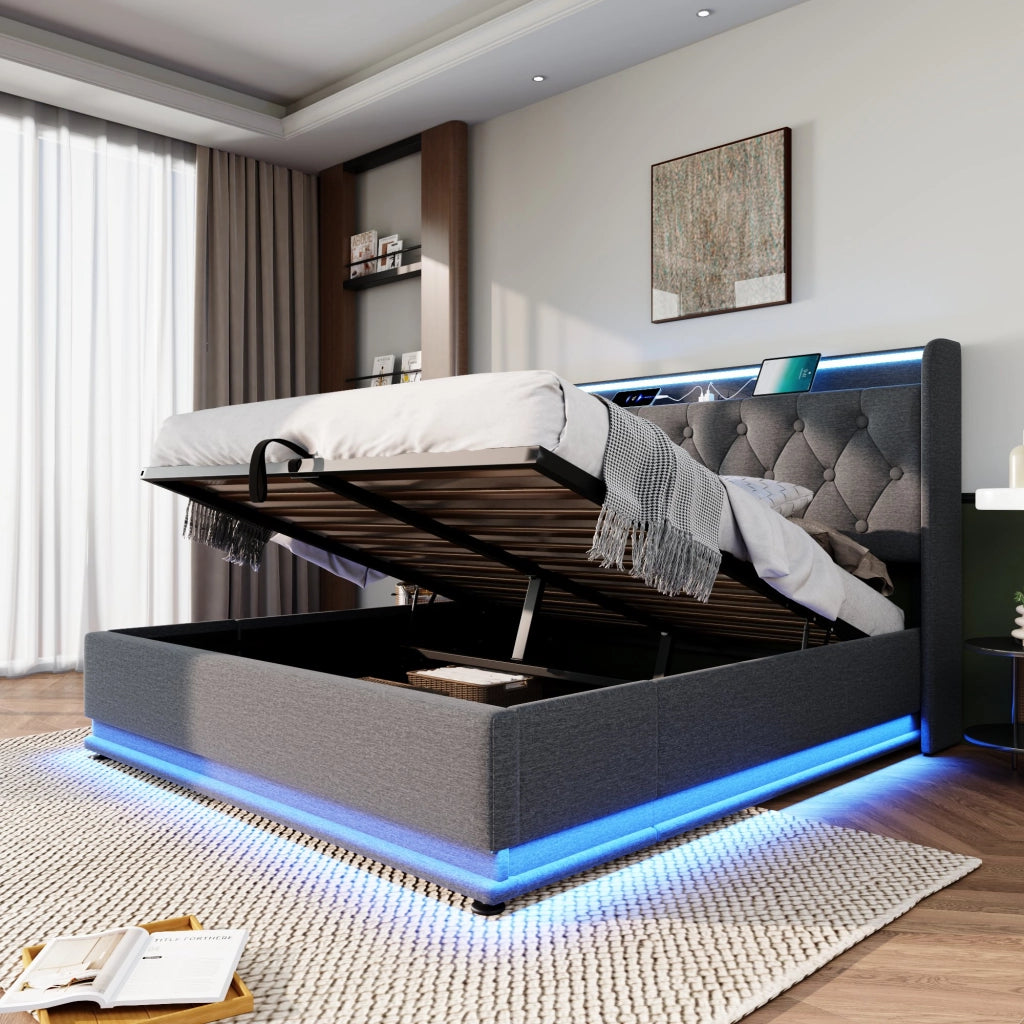 Letto imbottito grigio 140x190 cm con contenitore e illuminazione LED