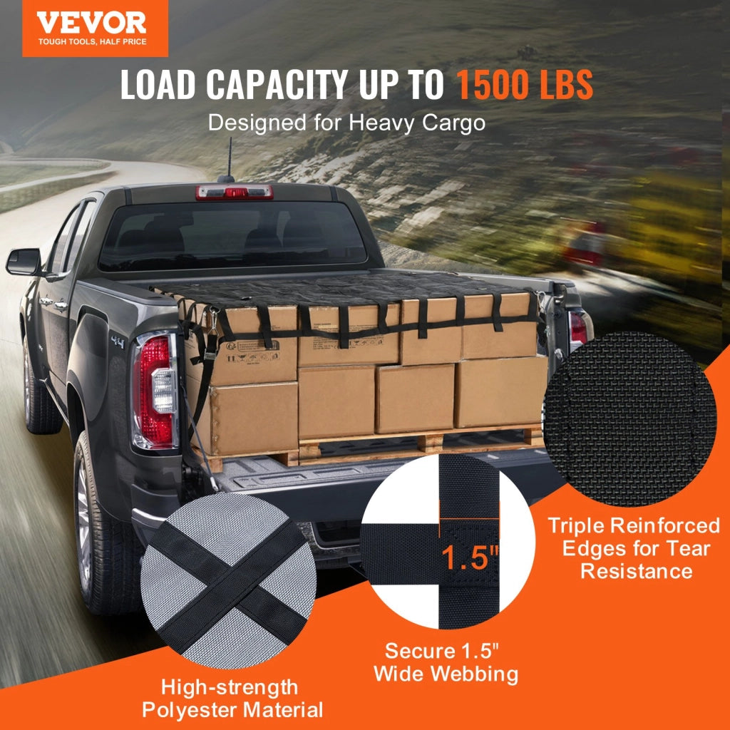 Rete di Carico per Camion 1830 x 1450 mm con 4 Cinghie Regolabili e Ganci, Rete Bagagli Robusta in Poliestere per Cassone Pickup e Jeep