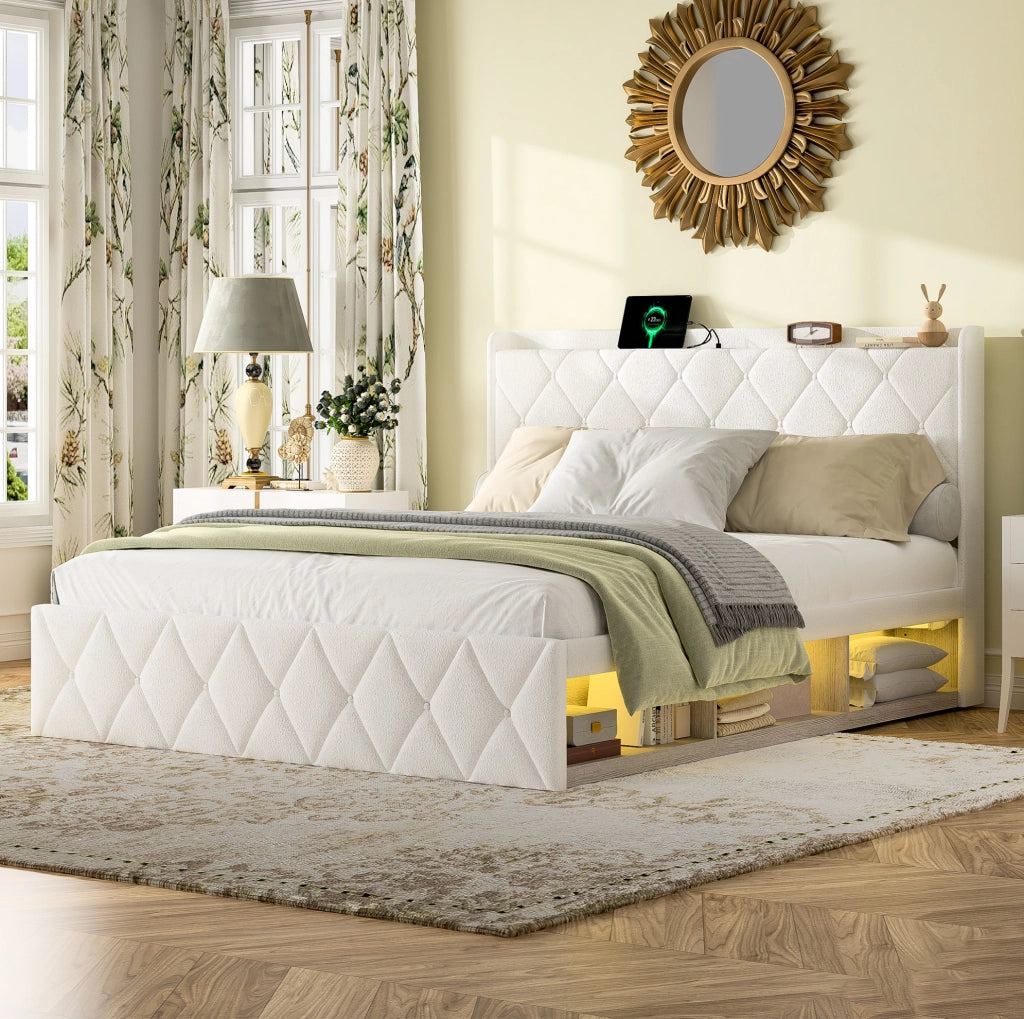 Letto matrimoniale 140x200 cm Teddy bianco con LED e ricarica USB