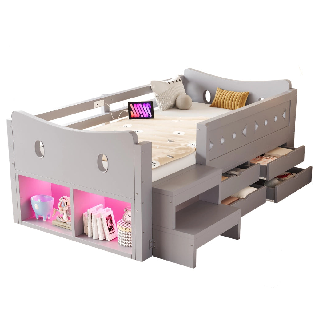 Letto per bambini 90x200 cm con LED; USB e Type-C; 4 cassetti; sponde e scale; legno grigio