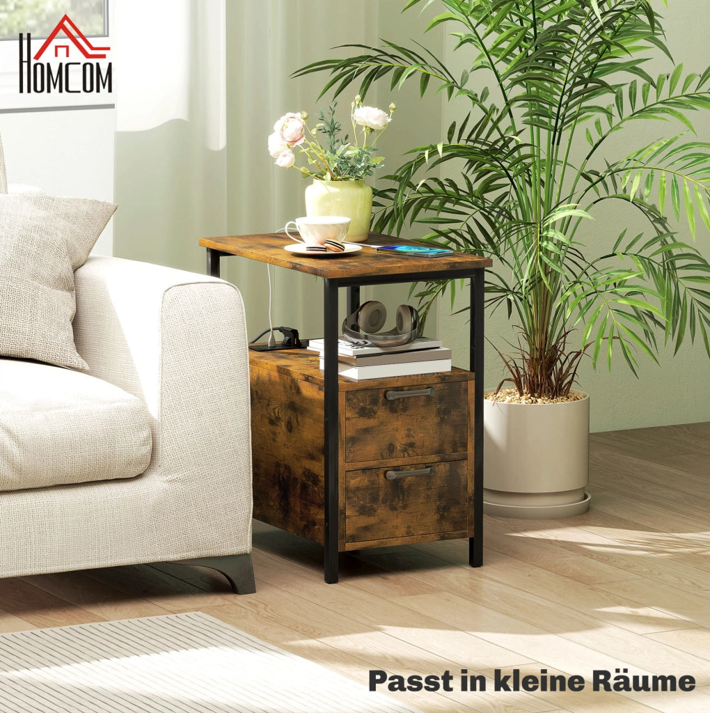 TAVOLINO Laterale 55x35x58,5 cm Marrone con 2 cassetti e prese integrate