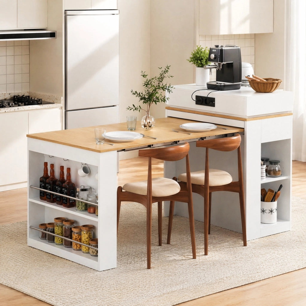 Isola cucina estensibile con prese e piano pieghevole bianca