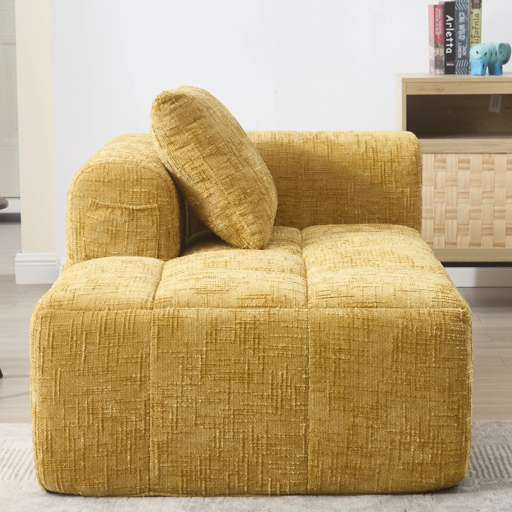 Divano chaise lounge imbottito in chenille giallo, con cuscino e tasche laterali, design moderno