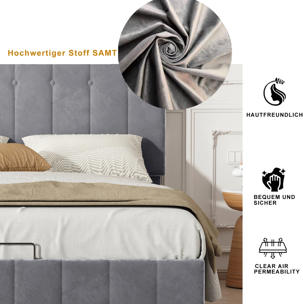 Letto matrimoniale imbottito 140x200 cm con contenitore grigio