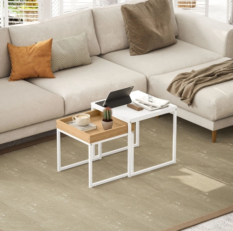 Set di tavolini da caffè 45x45x45 cm e 40x40x40 cm con vassoio rimovibile in acciaio bianco