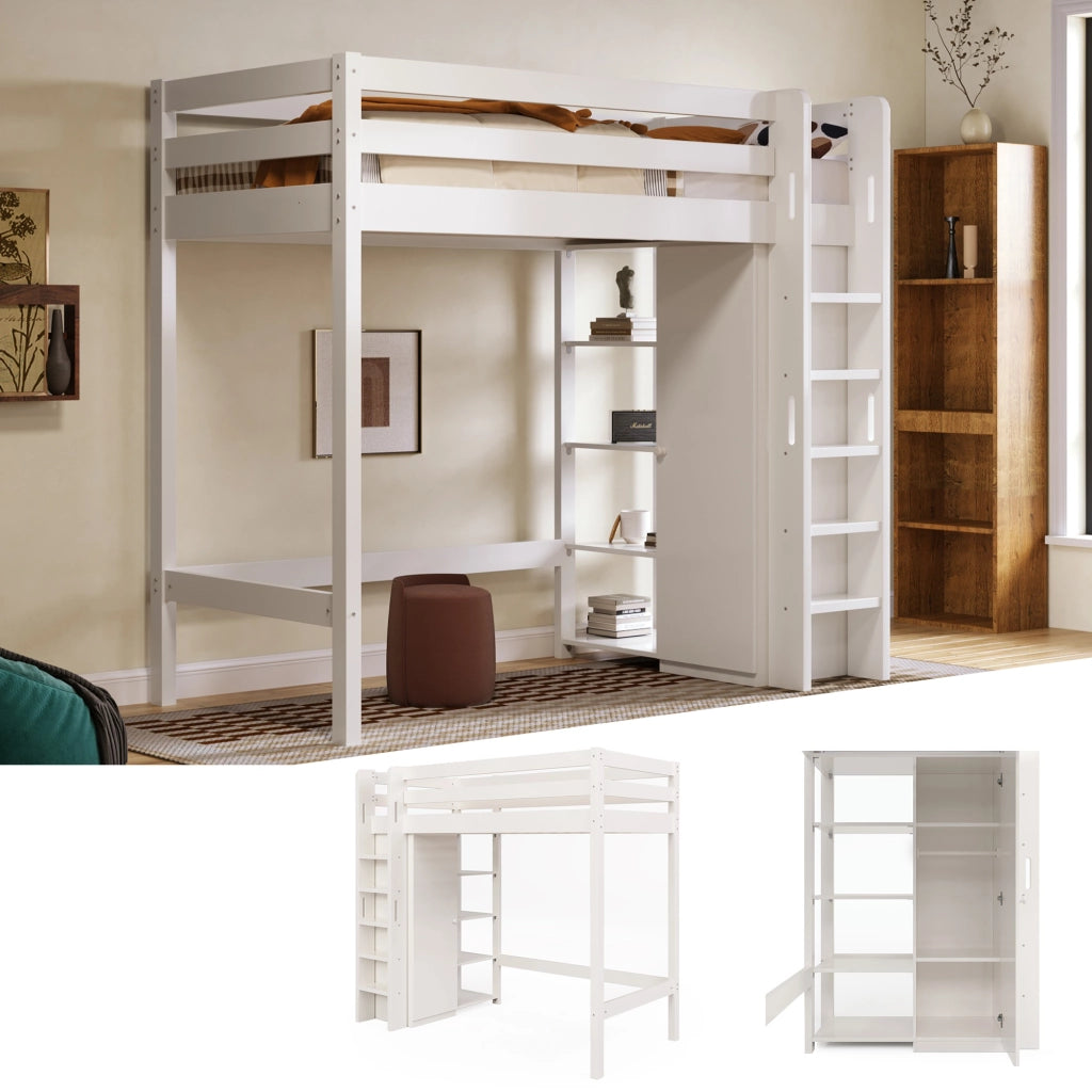 Letto a soppalco per bambini 90x200 cm; bianco con armadio e 6 scaffali