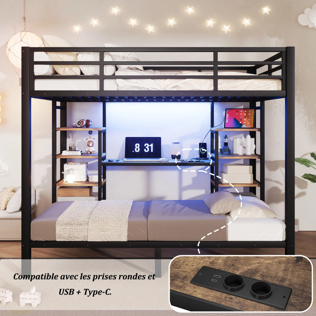 Letto a castello 90 × 200 cm e 140 × 200 cm in metallo e MDF nero con ripiani LED USB e Type-C