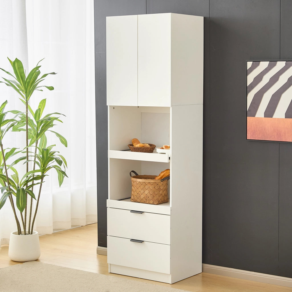 Mobile dispensa da cucina 200 cm con 2 cassetti e vani aperti; bianco