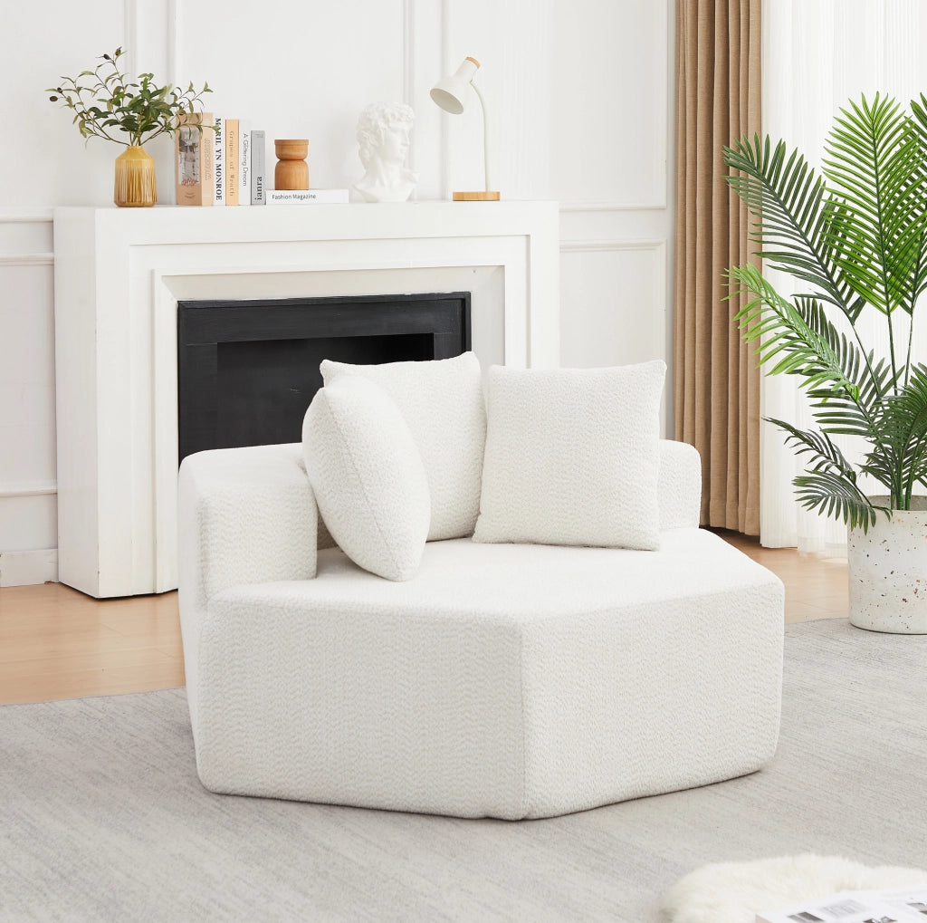 POLTRONA ESAGONALE MODULARE IN CHENILLE BEIGE CON 3 CUSCINI