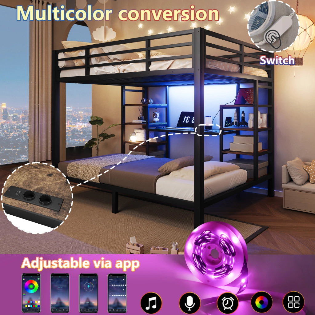 Letto a castello 90 × 200 cm e 140 × 200 cm in metallo e MDF nero con ripiani LED USB e Type-C