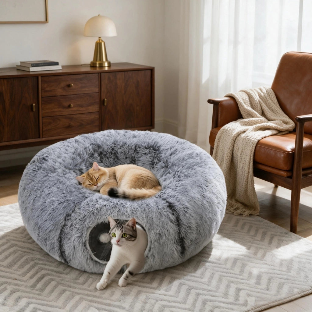 Tunnel per gatti modulabile con cuccia donut e cuscino lavabile grigio chiaro