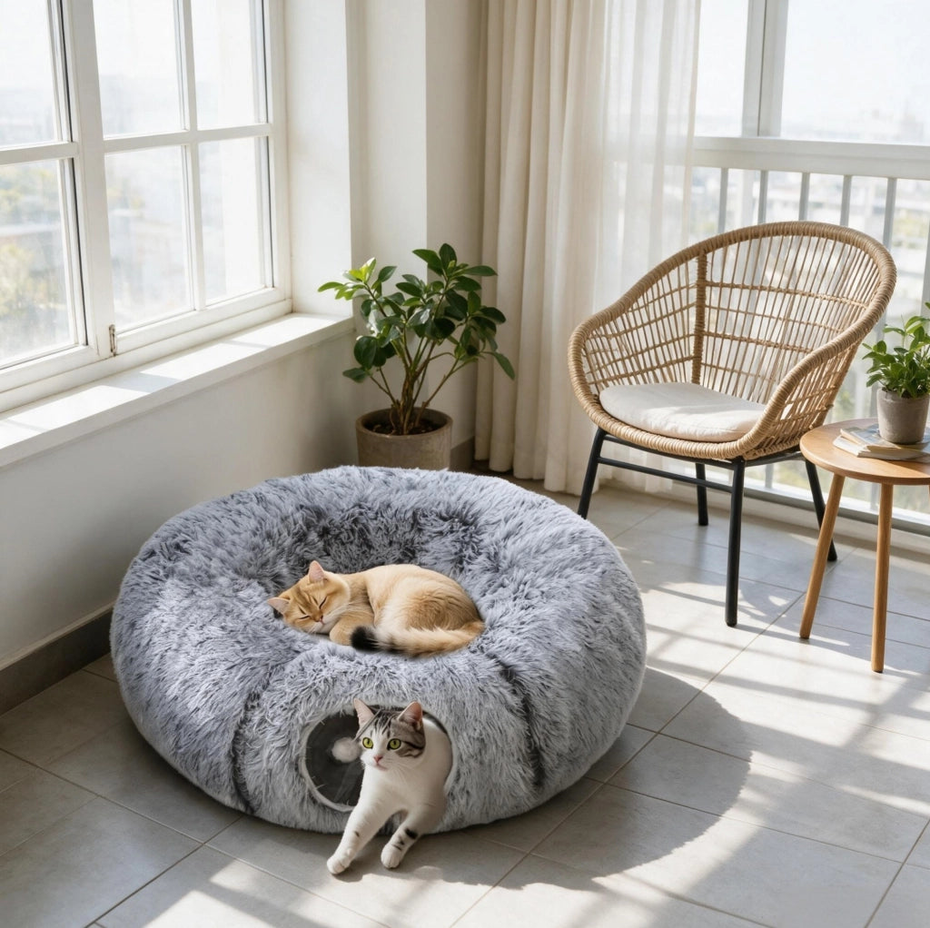 Tunnel per gatti 90x80x27 cm in tessuto peluche grigio con cuscino lavabile da interno –