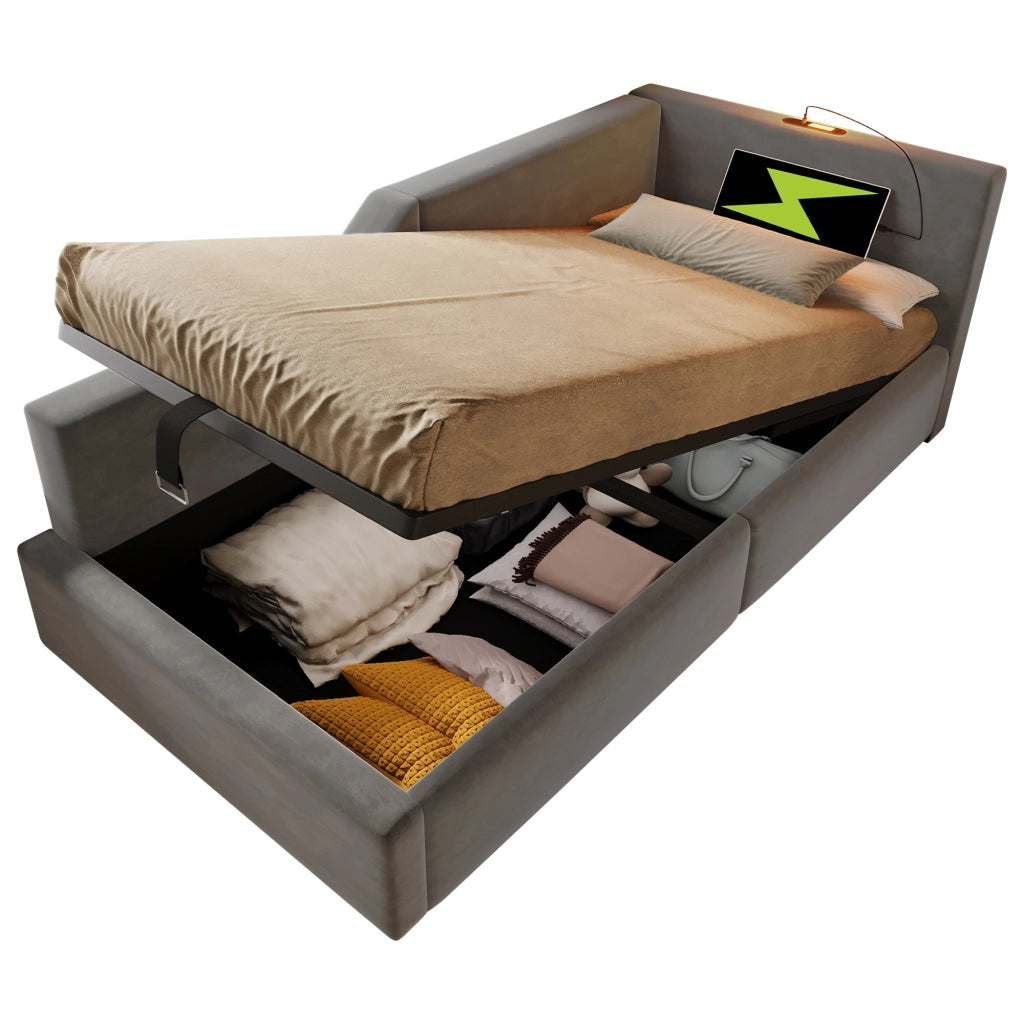 Letto singolo contenitore 90x200 cm in velluto grigio
