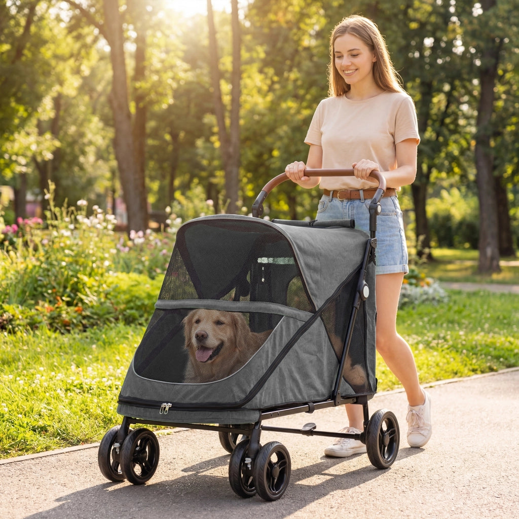 Carrello per Cani Pieghevole ¨C Minimal ¨C Grigio 360¡ã Ruote Rete Cuscino
