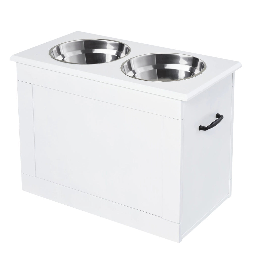 Ciotole per Cani Grandi Rialzate 60x30x41 cm in Acciaio Inox e MDF Bianco