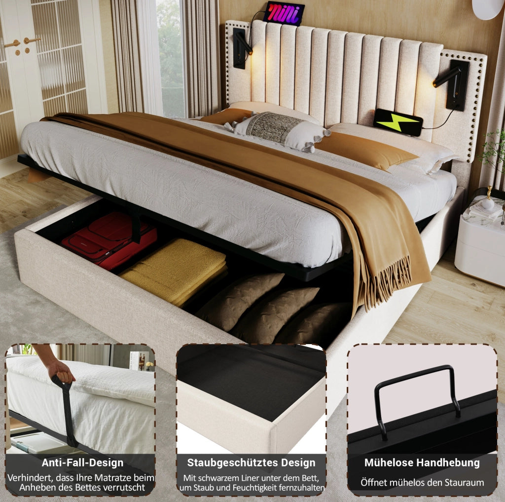 Letto matrimoniale contenitore 180x200 beige con USB e luce